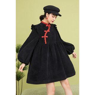 Lantern-sleeve Frog-buttoned Mini Pullover Dress