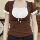 Short Sleeve Mock Two Piece Ruffled-trim Tie-front Crop Top