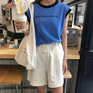 Lettering Tank Top / Plain Wide Leg Shorts