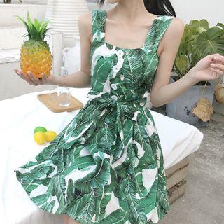 Leaf Print Wide-strap Sundress With Sash