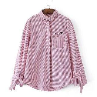 Long-sleeved Floral Print Open-front Lettering Striped Blouse