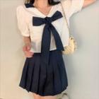 Bow Cropped Blouse / Pleated Mini A-line Skirt