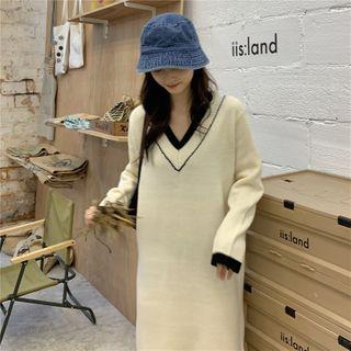 Contrast Trim Long-sleeve Midi Knit Dress Almond - One Size