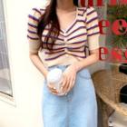 Sweetheart-neck Stripe / Plain Knit Top