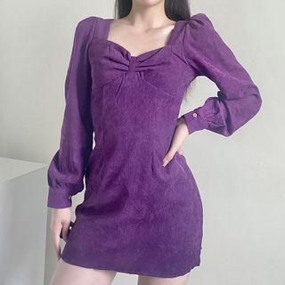Long-sleeve Square Neck Corduroy Mini Dress
