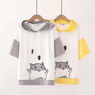 Color-block Hamster Print Short-sleeve Hoodie