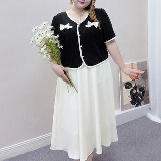 Plus Size Set: Short-sleeve Bow Accent Blouse + Midi A-line Skirt