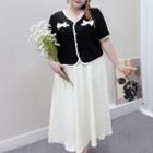 Plus Size Set: Short-sleeve Bow Accent Blouse + Midi A-line Skirt