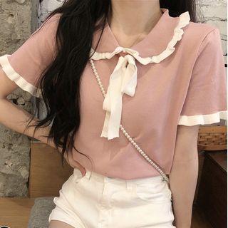 Ruffled Collared Short-sleeve Knit Top