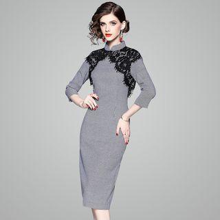 Houndstooth Lace Panel 3/4-sleeve Sheath Dress