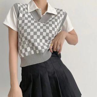 Check Pattern Knit Vest