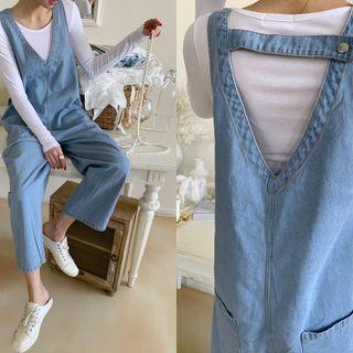 Plunge-neck Pocket-detail Denim Jumpsuit Light Blue - One Size
