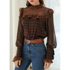 Frilled Floral-panel Plaid Blouse Brown - One Size