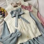 Set: Ribbon-neckline Plain Midi Dress + Cable-knit Button-down Vest In 6 Colors