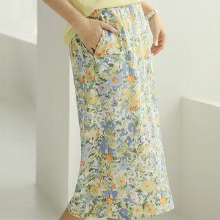 Slit-side Floral Long Skirt