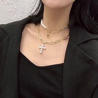 Set: Faux Pearl Cross Pendant Necklace + Choker Set - Necklace - White Faux Pearl - Gold - One Size