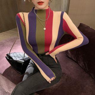 Striped Mock-neck Sweater Rose Pink - One Size