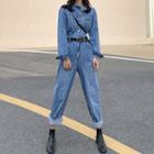 Long-sleeve Denim Dungaree Pants Blue - One Size