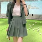 Short-sleeve Plain Blazer / Mini Pleated Skirt