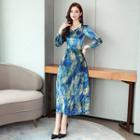 Patterned Long-sleeve Midi A-line Velvet Dress