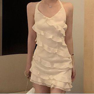 Halter-neck Frill Trim Mini Sheath Dress
