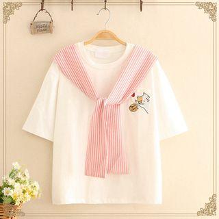 Short-sleeve Embroidered Paneled T-shirt