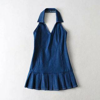 Collared Halter Pleated Mini A-line Tank Dress