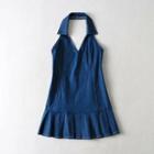 Collared Halter Pleated Mini A-line Tank Dress