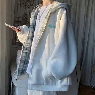Hooded Zip Long-sleeve Plaid Panel Jacket