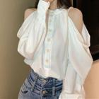 Cold-shoulder Shirred Blouse White - One Size
