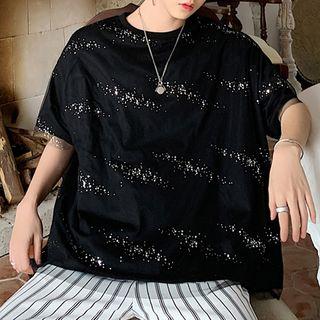 Mock Two-piece Short-sleeve Sequined Mesh Top