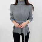 Turtle Neck Long-sleeve Tie Waist Plain Knit Top