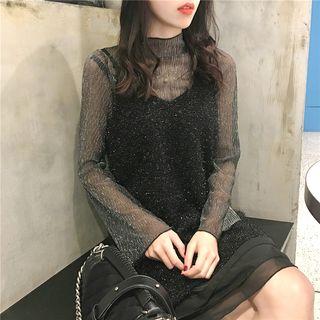 Chiffon V-neck Slipdress / Glitter Long-sleeve Top