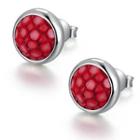 925 Sterling Silver Red Shagreen Bezel Setting Round Circle Stud Earrings