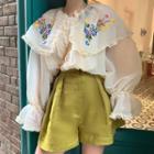Long-sleeve Embroidered Ruffled Top / Wide-leg Shorts