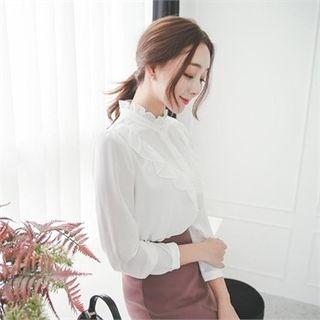 Faux-pearl Buttoned Frill-trim Blouse