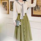 Set: Sailor Collar Long-sleeve Top + Midi A-line Skirt
