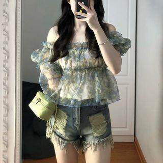 Off-shoulder Print Mesh Top Blue - One Size