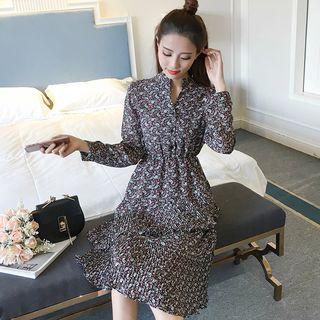 Printed Long-sleeve A-line Midi Chiffon Dress