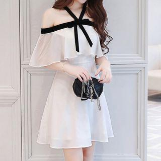 Bow Detail Off-shoulder Chiffon Dress