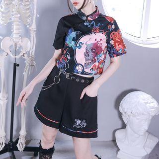 Short-sleeve Print Mandarin-collar Crop Top / Embroidered Shorts