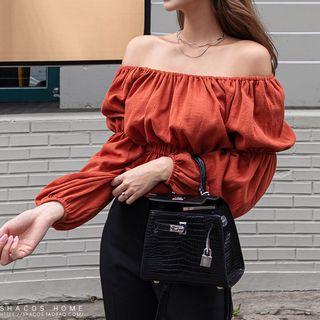 Puff-sleeve Off Shoulder Crinkled Top Brick Red - One Size