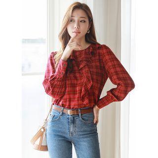 Wide-cuff Ruffled Plaid Blouse Red - One Size