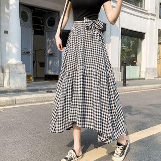Gingham Irregular Hem Midi A-line Skirt Black & White - One Size