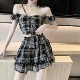 Set: Cap-sleeve Plaid Top + Skirt