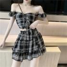 Set: Cap-sleeve Plaid Top + Skirt