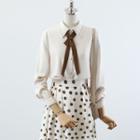 Puff-sleeve Bow Blouse / Dotted Midi A-line Skirt