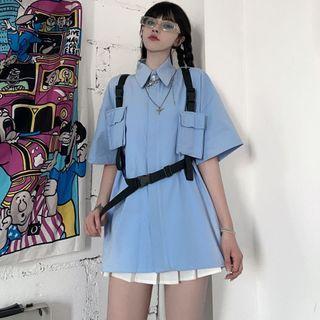 Removable Front Pocket Buckled Short-sleeve Shirt Blue - One Size
