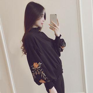 Floral Embroidered High Neck Lantern-sleeve Blouse