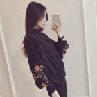 Floral Embroidered High Neck Lantern-sleeve Blouse